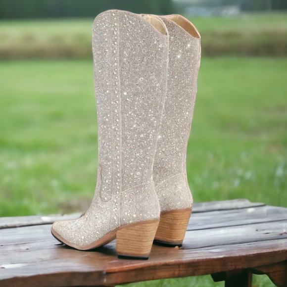 Last Pair! Nashville Silver Rhinestone Embellished Fashion Tall Cowboy Boots 6.5 - Picture 2 of 7